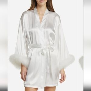 In bloom By Jonquil White Satin Robe with Feather Trim